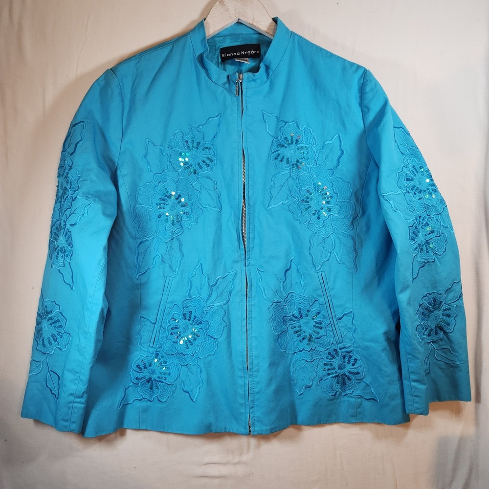 Bianca Nygard Womens 18W Turquoise Blue Floral Embroidered Sequin Jacket